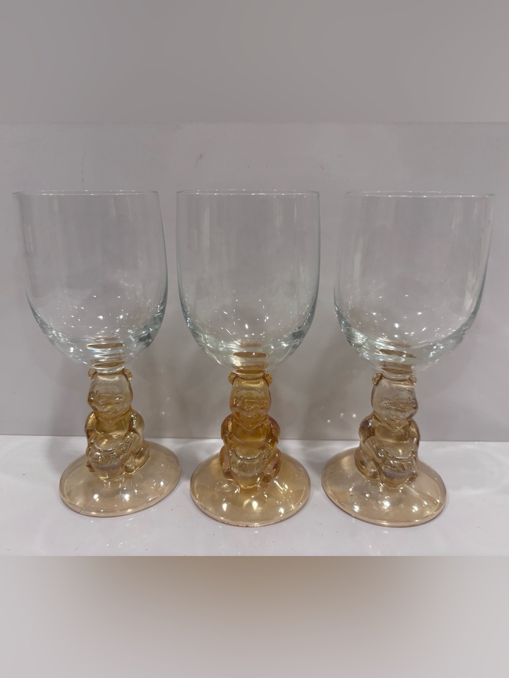 Vintage Walt Disney Winnie the Pooh goblets Amber iridescent stem set of 3